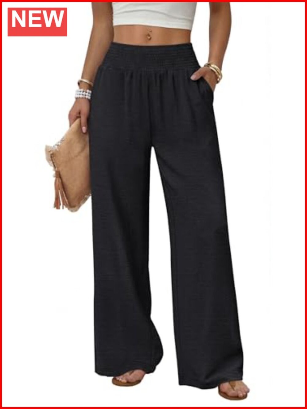 Wide Leg Pants 100% Polyester High Waist Trousers with Pockets